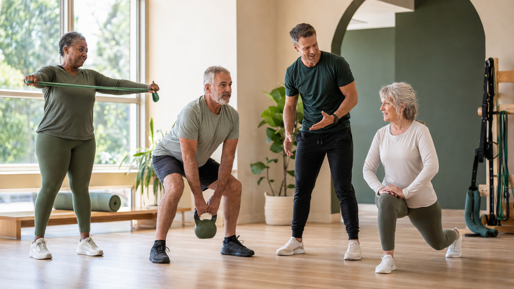 Active adults in their 50s and 60s doing strength and mobility exercises with a personal trainer